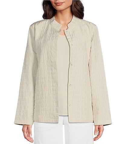 Eileen Fisher Silk Habutai Stand Collar Pocketed Long Sleeve Quilted Jacket