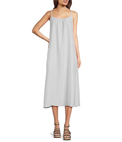 Eileen Fisher Silk Scoop Neck Sleeveless Ruched Cami Shift Dress