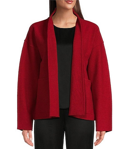 Eileen Fisher Soft Wool Stand Collar Long Sleeve Pocketed Boxy Jacket