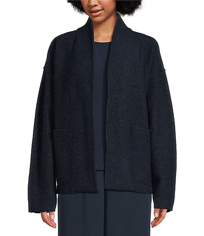 Eileen Fisher Soft Wool Stand Collar Long Sleeve Pocketed Boxy Jacket