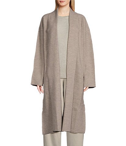 Eileen Fisher Soft Wool Stand Collar Long Sleeve Pocketed Open Front Long Jacket