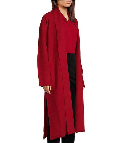 Eileen Fisher Soft Wool Stand Collar Long Sleeve Pocketed Open Front Long Jacket