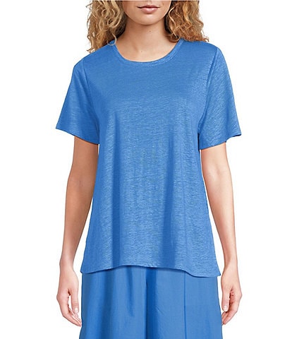 Eileen Fisher Solid Organic Linen Jersey Crew Neck Short Sleeve Tee Shirt