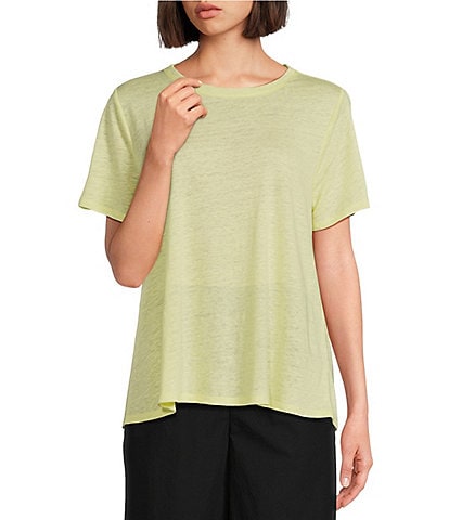 Eileen Fisher Solid Organic Linen Jersey Crew Neck Short Sleeve Tee Shirt