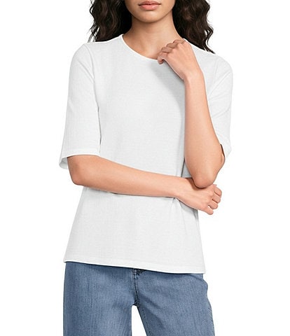 Eileen Fisher Stretch Jersey Crew Neck Elbow Sleeve Tee