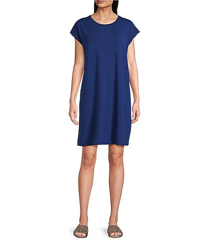 Eileen Fisher Stretch Jersey Knit Crew Neck Cap Sleeve Boxy Dress