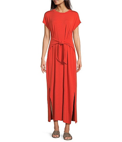 Eileen Fisher Stretch Jersey Knit Crew Neck Cap Sleeve Tie Front Midi Dress