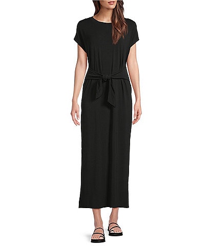 Eileen Fisher Stretch Jersey Knit Crew Neck Cap Sleeve Tie Front Midi Dress