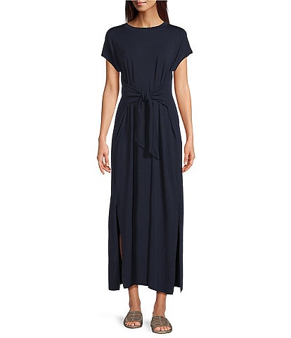 Eileen Fisher Stretch Jersey Knit Crew Neck Cap Sleeve Tie Front Midi Dress