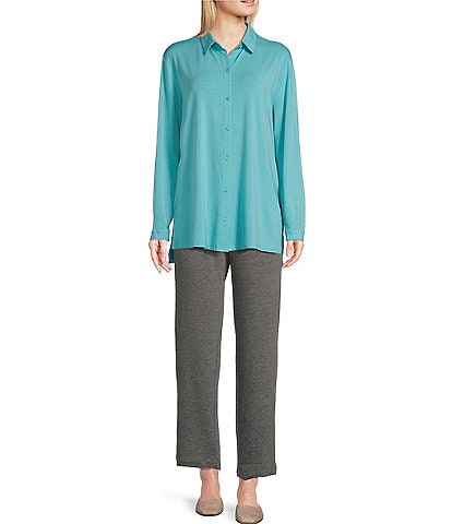 Eileen Fisher Stretch Jersey Knit Point Collar Long Sleeve Button-Front Shirt