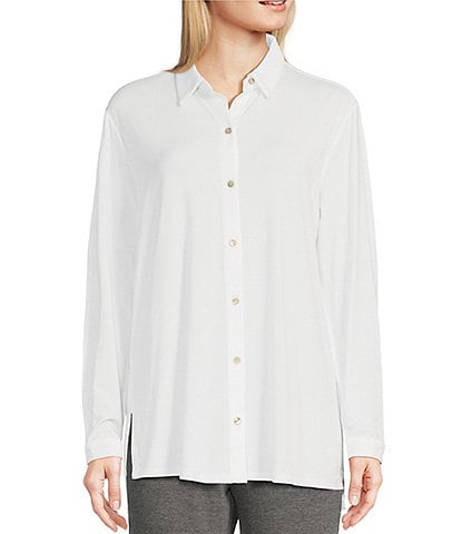 Eileen Fisher Stretch Jersey Knit Point Collar Long Sleeve Button-Front Shirt