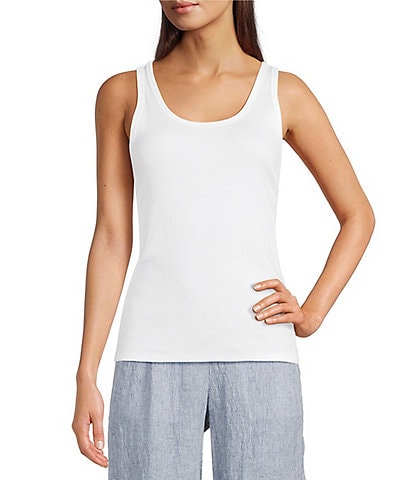 Eileen Fisher Organic Cotton Blend Stretch Rib Knit Scop Neck Sleeveless Tank