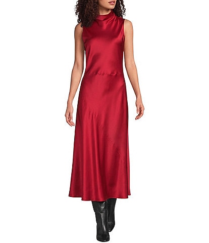 Eileen Fisher Stretch Silk Charmeuse Cowl Neck Sleeveless A-Line Long Dress