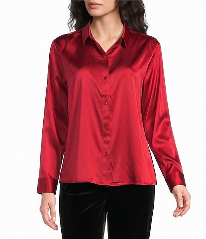 Eileen Fisher Stretch Silk Charmeuse Point Collar Long Sleeve Button-Front Shirt