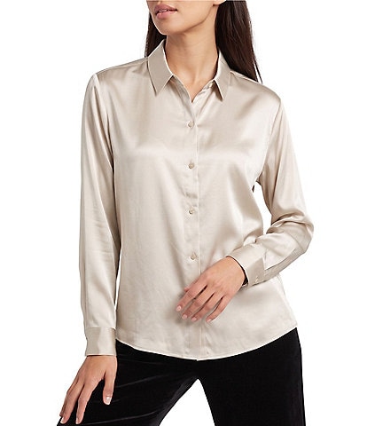 Eileen Fisher Stretch Silk Charmeuse Point Collar Long Sleeve Button-Front Shirt