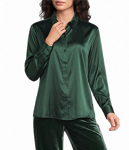 Eileen Fisher Stretch Silk Charmeuse Point Collar Long Sleeve Button-Front Shirt