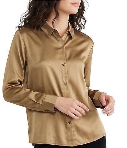 Eileen Fisher Stretch Silk Charmeuse Point Collar Long Sleeve Button-Front Shirt