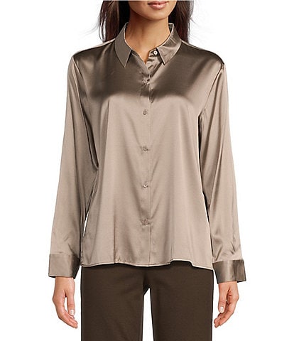 Eileen Fisher Stretch Silk Charmeuse Point Collar Long Sleeve Button Front Shirt