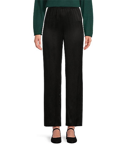 Eileen Fisher Striated Silk Satin Straight Leg Pull-On Ankle Pants