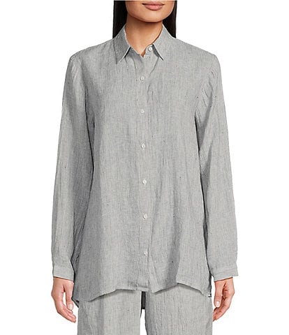 Eileen Fisher Striped Crinkle Organic Linen Point Collar Long Sleeve High-Low Hem Button-Front Shirt