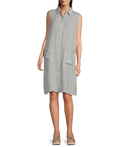 Eileen Fisher Striped Crinkle Organic Linen Point Collar Sleeveless Button-Front Shirt Dress