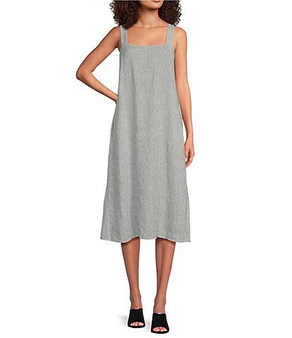 Eileen Fisher Striped Crinkle Organic Linen Square Neck Sleeveless Shift Dress