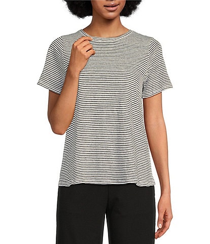 Eileen Fisher Striped Organic Linen Jersey Crew Neck Short Sleeve Tee
