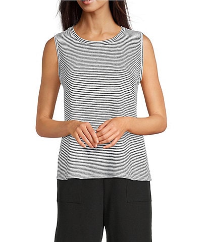 Eileen Fisher Striped Organic Linen Jersey Crew Neck Sleeveless Tank