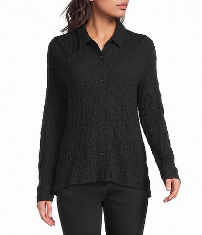 Eileen Fisher Textured Bubble Jacquard Point Collar Long Sleeve Button-Front Shirt