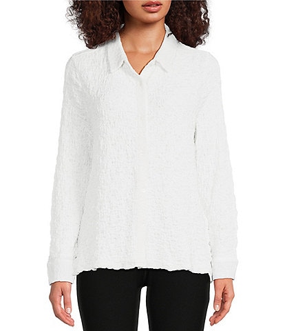 Eileen Fisher Textured Bubble Jacquard Point Collar Long Sleeve Button-Front Shirt