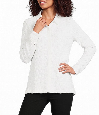 Eileen Fisher Textured Bubble Jacquard Point Collar Long Sleeve Button-Front Shirt