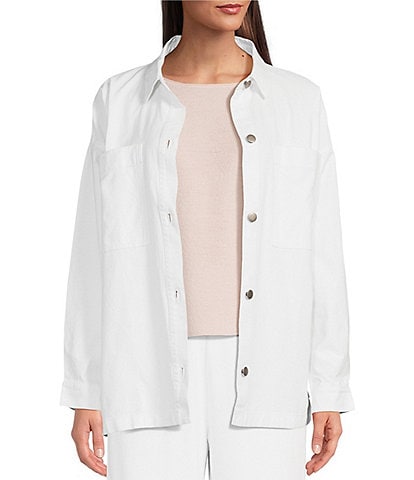 Eileen Fisher Textured Organic Cotton Point Collar Long Sleeve Button-Front Boxy Jacket