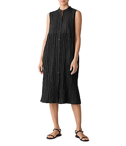 Eileen Fisher Textured Silk Mandarin Collar Sleeveless Button Front Dress