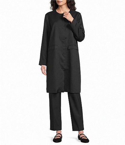 Eileen Fisher Textured Silk Weave Round Neck Long Sleeve Front-Snap Jacket