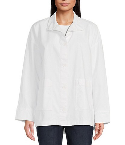 Eileen Fisher Textured Stretch Organic Cotton Hemp Stand Collar Long Sleeve Button Front Jacket