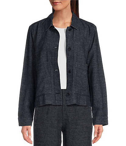 Eileen Fisher Tweedy Hemp Organic Cotton Point Collar Long Sleeve Pocketed Short Jacket