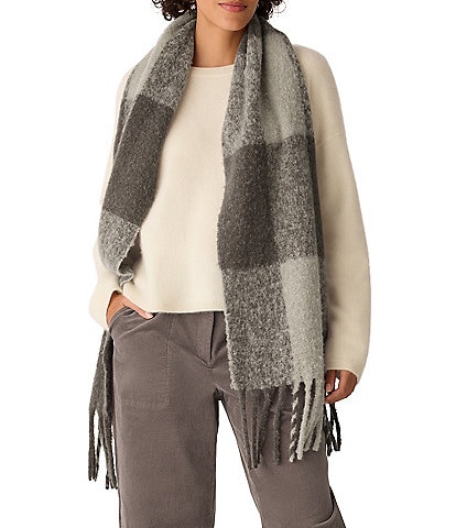 Eileen Fisher Ultrasoft Alpaca Wool Blend Check Pattern Fringe Scarf