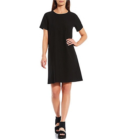 Eileen Fisher Washable Stretch Crepe Crew Neck Short Sleeve Shift Dress