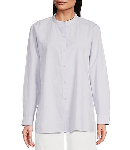 Eileen Fisher Washed Organic Cotton Poplin Mandarin Collar Long Sleeve Button-Front Shirt