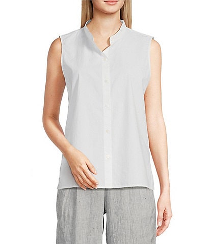 Eileen Fisher Washed Organic Cotton Poplin Mandarin Collar Sleeveless Button-Front Shirt