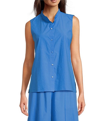 Eileen Fisher Washed Organic Cotton Poplin Mandarin Collar Sleeveless Button-Front Shirt
