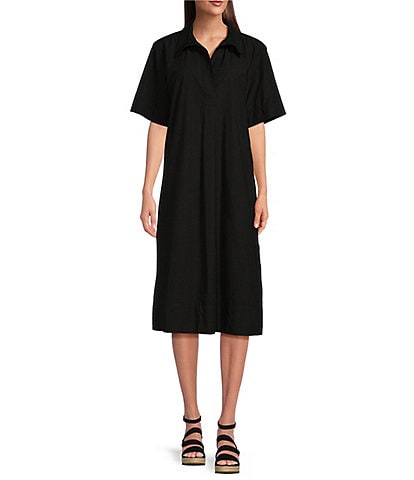 Eileen Fisher Washed Organic Cotton Poplin Point Collar Elbow Sleeve Midi Shirt Dress