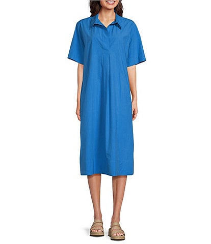Eileen Fisher Washed Organic Cotton Poplin Point Collar Elbow Sleeve Midi Shirt Dress