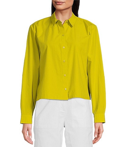 Eileen Fisher Washed Organic Cotton Poplin Point Collar Long Sleeve Cropped Button-Front Shirt