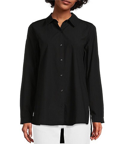 Eileen Fisher Washed Organic Cotton Poplin Point Collar Long Sleeve Shirt