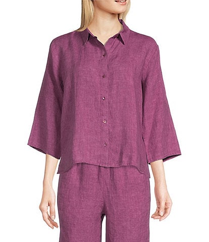 Eileen Fisher Coordinating Washed Organic Linen Delave Point Collar Short Sleeve Shirt