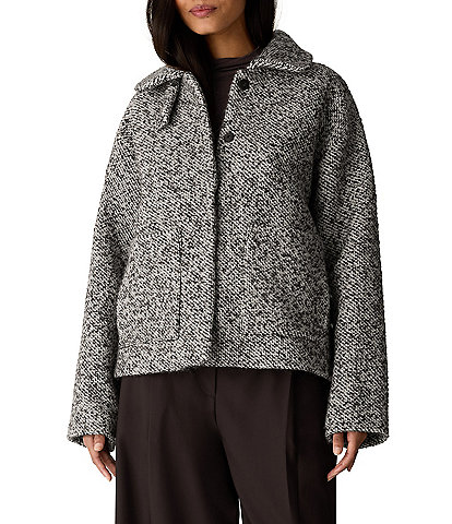 Eileen Fisher Wool-Blend Tweed Collared Long Sleeve Button-Front Boxy Jacket
