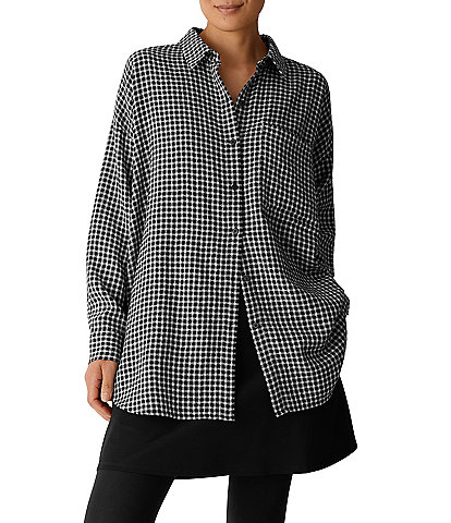 Eileen Fisher Wool Cotton Check Woven Point Collar Long Sleeve Button-Front Shirt