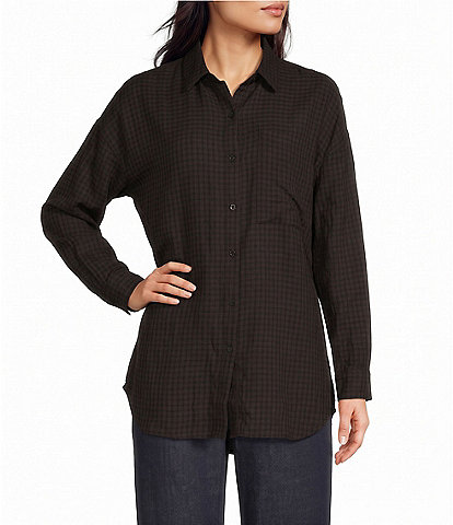 Eileen Fisher Wool Cotton Check Woven Point Collar Long Sleeve Button-Front Shirt