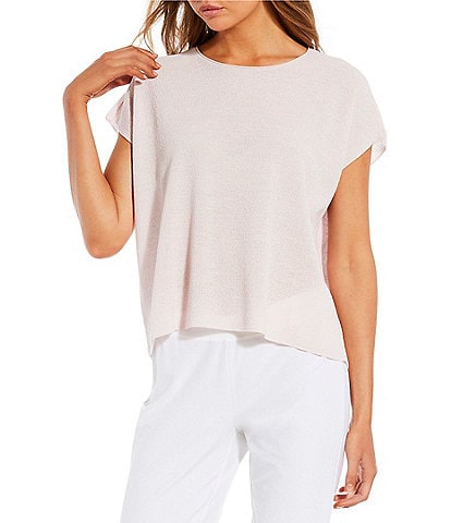 Eileen Fisher Wool Crepe Knit Round Neck Cap Sleeve Top